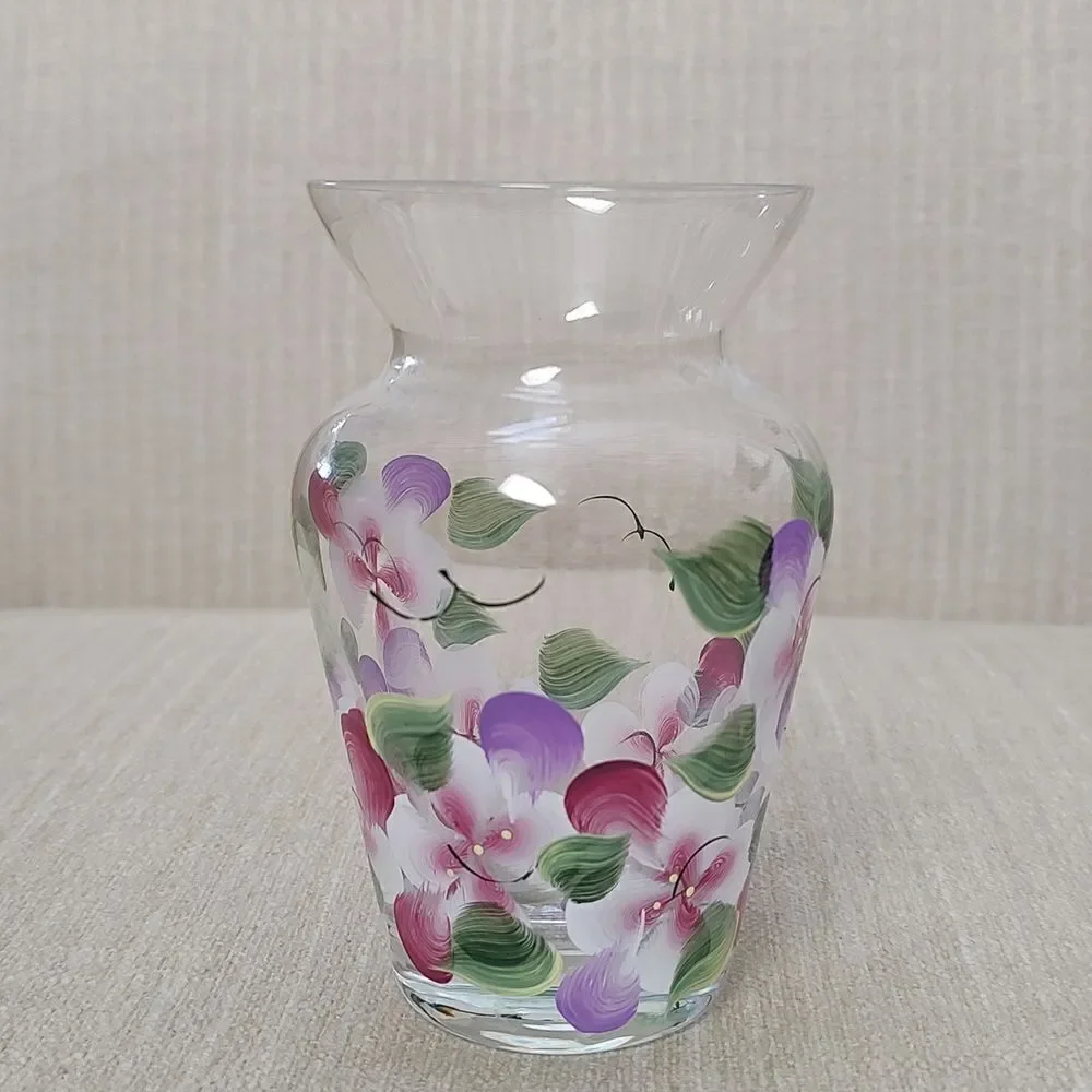 Hand Painted Floral Glass Vase Artist Signed Vintage